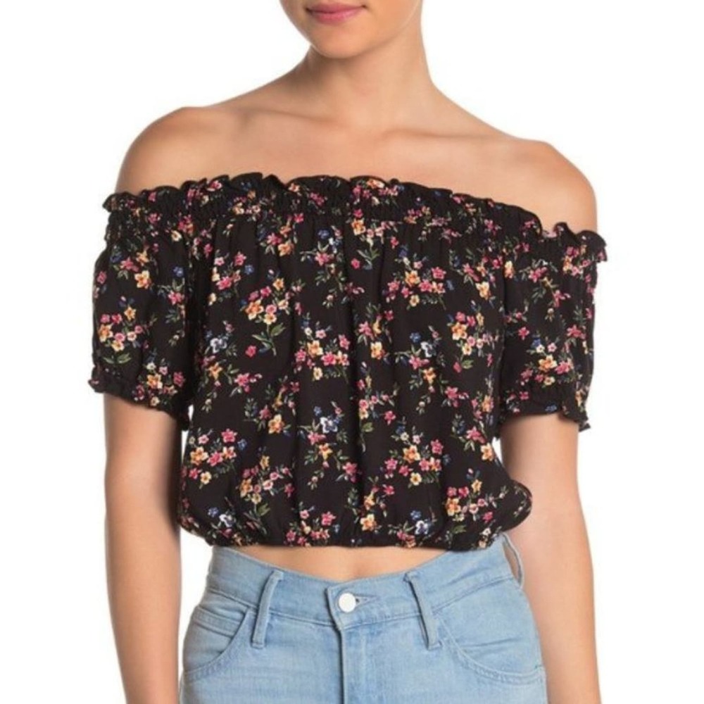 NWT Ten Sixty Sherman Nordstrom Floral Black Smocked Off Shoulder Crop Top L